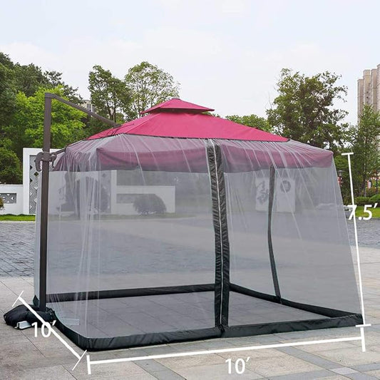 10ft Patio Mosquito Netting Patio Umbrella Cover Mosquito Netting Screen,Windproof Mosquito with Zipper Portable Foldable Umbrella Mosquito Net（10'10'7.6'） (Black)