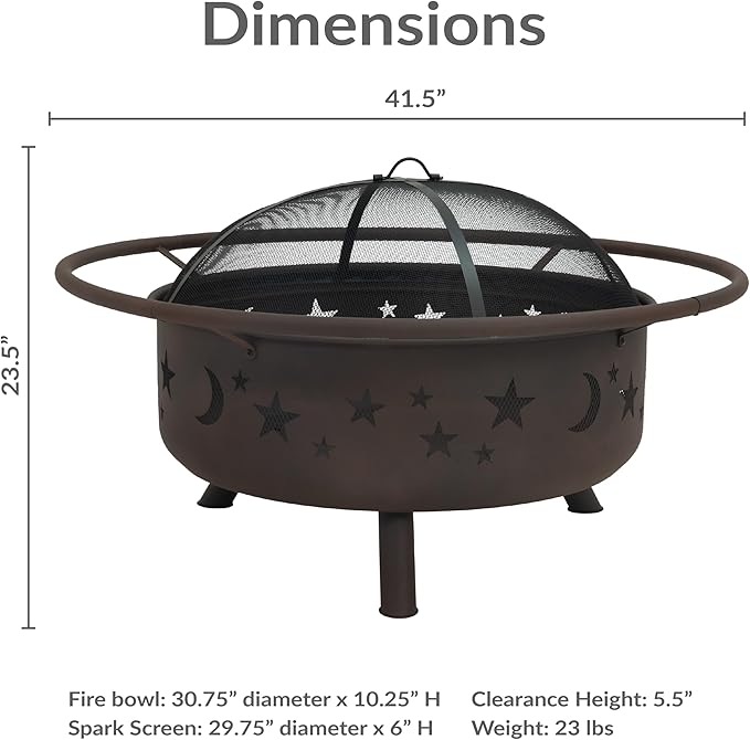 Sunnydaze Cosmic 42-Inch Large Outdoor Fire Pit - Wood-Burning Firepit for Outside Patio, Backyard, Deck - Steel - Wood Grate, Spark Screen, and Fireplace Poker Included - Bronze - 31” Bowl Diameter