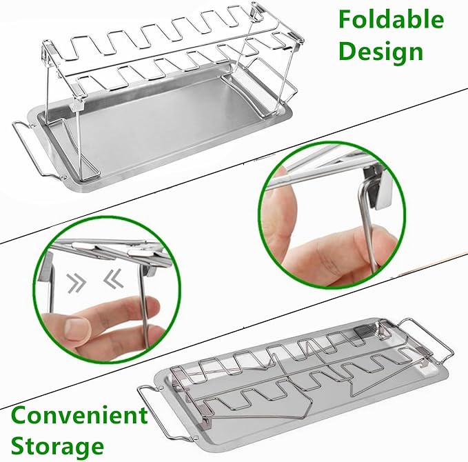 Chicken Leg Rack for Grill with Drip Tray, 14 Slots Stainless Steel Chicken Wing Rack, Chicken Drumstick Holder for Smoker,Chicken Drumstick Rack BBQ Accessories