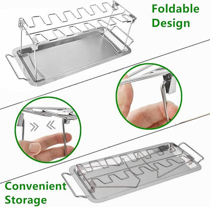 Chicken Leg Rack for Grill with Drip Tray, 14 Slots Stainless Steel Chicken Wing Rack, Chicken Drumstick Holder for Smoker,Chicken Drumstick Rack BBQ Accessories