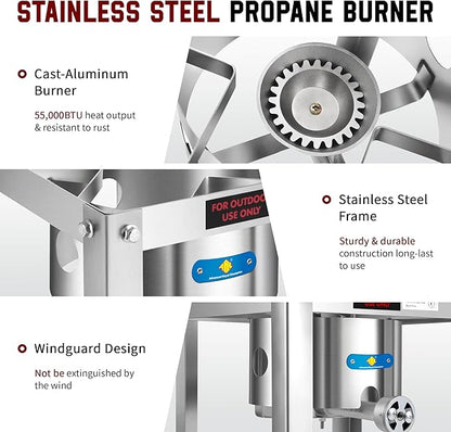 ARC Propane Burner 55,000BTU Stainless Steel Gas Camping Stove for Outdoor Cooking Camping, Turkey Fry, Crawfish Boil, Homebrewing