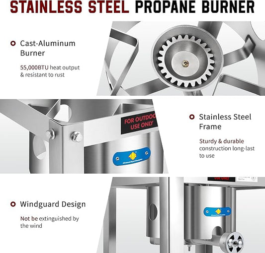 ARC Propane Burner 55,000BTU Stainless Steel Gas Camping Stove for Outdoor Cooking Camping, Turkey Fry, Crawfish Boil, Homebrewing