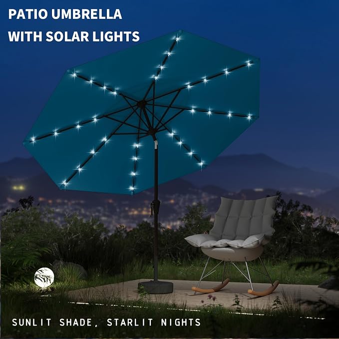 9FT Patio Umbrella with Solar Lights,Outdoor Market Umbrella with Tilt and Crank, LED Lighted Table Umbrella for Garden,Deck,Backyard,Pool,Beach (Lake Blue)
