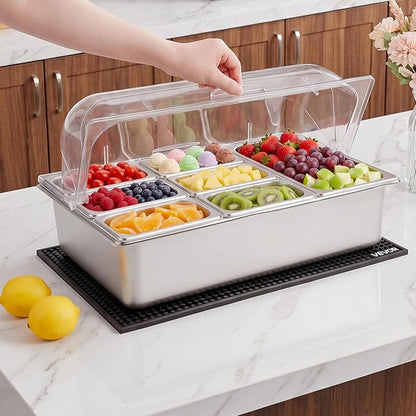 VEVOR Countertop Food Serving Display Container, Stainless Steel Food Salad Server Tray, Buffet Condiment Dispenser, Ice Cooled Rack with Clear Roll Top Cover, for Restaurant Hotel (1x1/3+6x1/9 Pan)