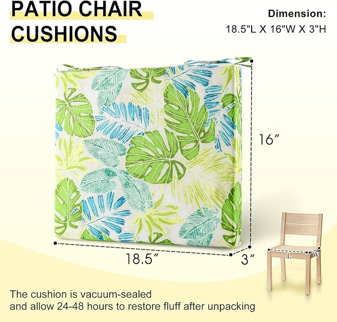 downluxe Outdoor Chair Cushions Set of 4 for Patio Furniture, Water-Resistant Square Patio Chair Cushions with Ties, High Density Foam Outdoor Seat Cushion, 18.5" X 16" X 3", Tropical Green Leaves