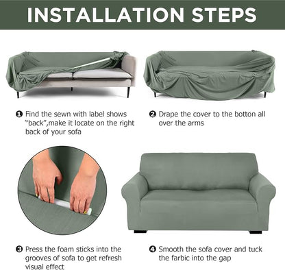 Peryiter 2 Pcs Couch and Loveseat Sofa Covers,Grayish Green,Milk Silk | Armchair Covers for Living Room, Sofa Cushion Slipcover 2/3 Seater, Furniture Protector, Polyester and Spandex, Washable