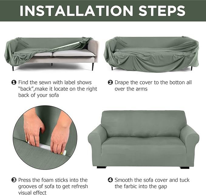 Peryiter 3 Pcs Couch and Loveseat Sofa Covers,Sage Green,Milk Silk | Armchair Covers for Living Room, Sofa Cushion Slipcover, Furniture Protector, Polyester and Spandex, Washable