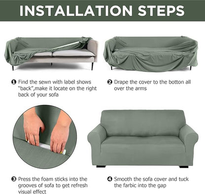Peryiter 3 Pcs Couch and Loveseat Sofa Covers,Sage Green,Milk Silk | Armchair Covers for Living Room, Sofa Cushion Slipcover, Furniture Protector, Polyester and Spandex, Washable