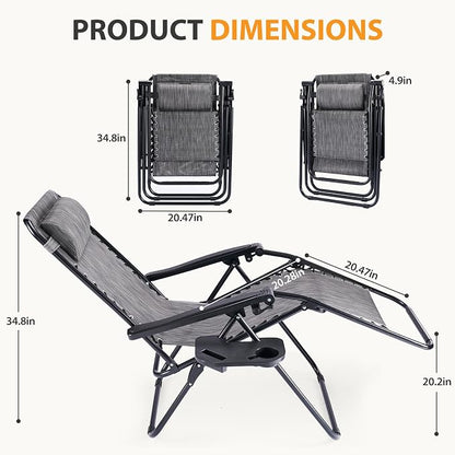 NEWBULIG Zero Gravity Chairs Set of 2, Folding Lounge Chair, Grey | Portable Lawn Camping Recliner with Adjustable Pollow, Mesh Back, Cup Holder Trays for Pool Beach Patio