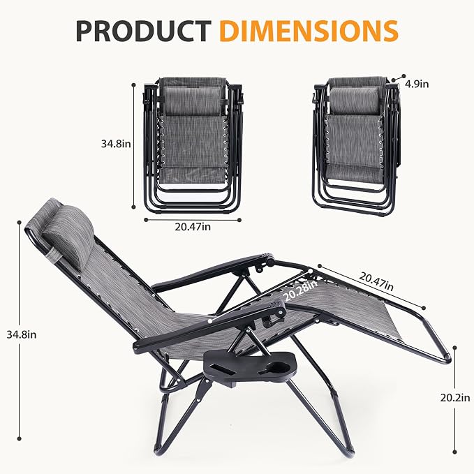 NEWBULIG Zero Gravity Chairs Set of 4, Folding Lounge Recliner Chair | Portable Lawn Camping Recliner with Adjustable Pollow, Mesh Back, Cup Holder Trays for Pool Beach Patio, Ash