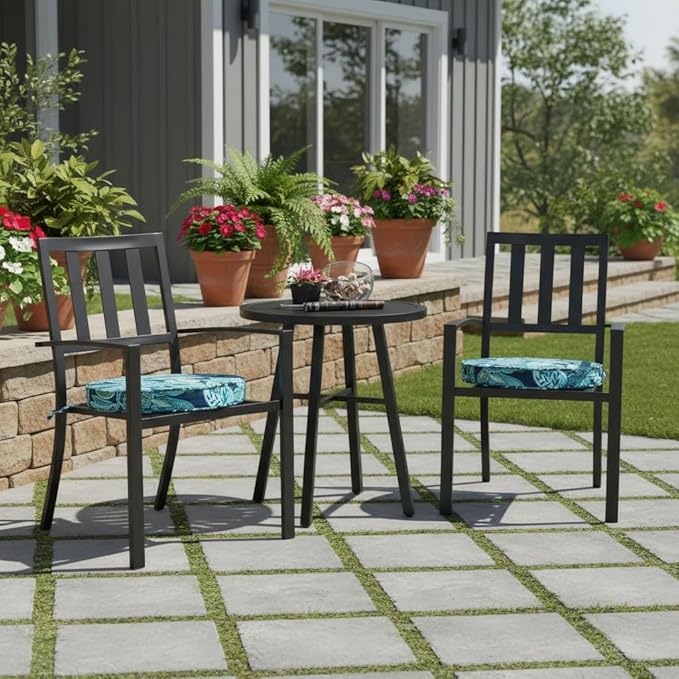 Set of 2 Outdoor 18 inch Round Patio Dining Chair Pads – Comfortable Fiber-Filled Seat Cushions with Ties, Reversible Polyester Fabric - Botanical Crestwood