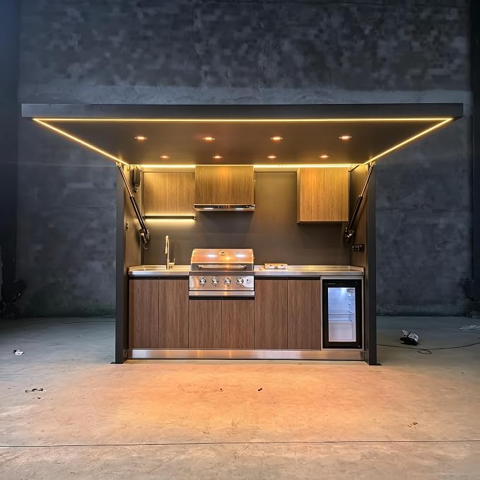 Luxury Prefab Outdoor Kitchen Kits with Roof Storage, Modular Outdoor Kitchen Island with Grill, Sink, Burners, Refrigerator, Patio and Backyard Cooking Station