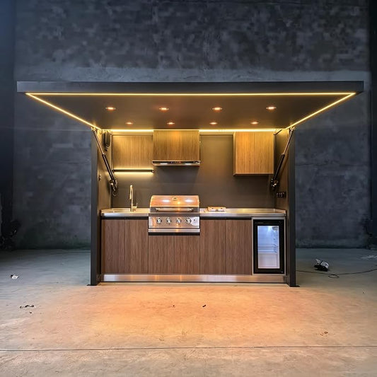 Luxury Prefab Outdoor Kitchen Kits with Roof Storage, Modular Outdoor Kitchen Island with Grill, Sink, Burners, Refrigerator, Patio and Backyard Cooking Station