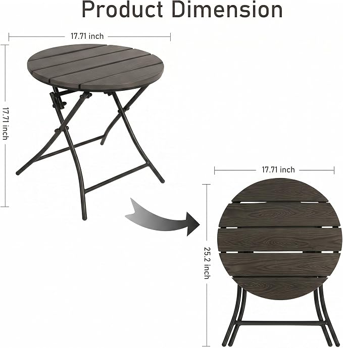 TeoKJ Folding Black Small Outdoor Side Tables, HDPS Patio Table | Metal Round Anti Rust Patio Desk, No Assembly Small Nightstand for Yard, Balcony, Lawn, Pool, Lightweight, Black