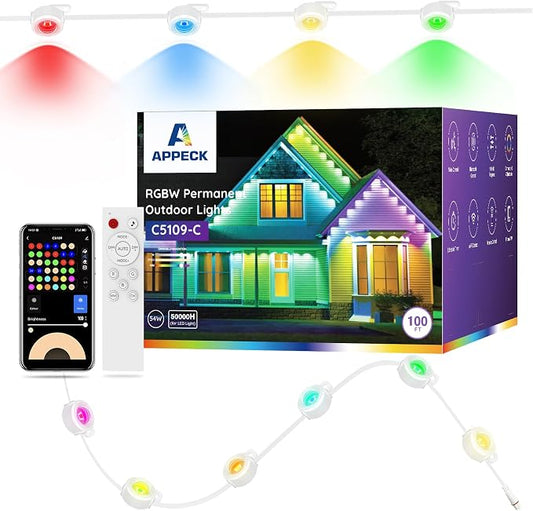 APPECK Permanent Outdoor Lights 100FT with 72 LEDs, Smart Eaves Lights RGBW | IP65 Waterproof Outdoor String Lights, DIY Scene Modes, App/Remote Control, for Christmas/Holidays, Alexa Compatible, White