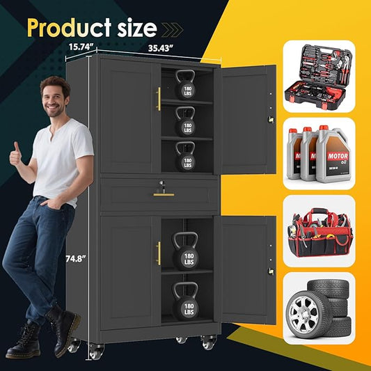 PAOFIN Metal Tall Storage Cabinet with Drawer, Garage Storage Cabinet with Locking Doors and 3 Adjustable Shelves, 71" H Steel Cabinets for Garage, Home, Office, Black, Assembly Required