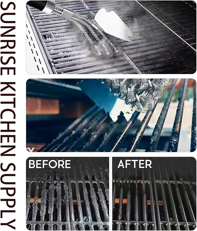 SUNRISE 2 Pcs Set Stainless Steel BBQ Grill Brushes, BBQ Brush with Scraper, Grill Brush, Bristle Free, Extra Strong Brush Head