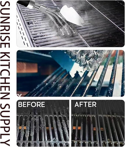 SUNRISE 2 Pcs Set Stainless Steel BBQ Grill Brushes, BBQ Brush with Scraper, Grill Brush, Bristle Free, Extra Strong Brush Head