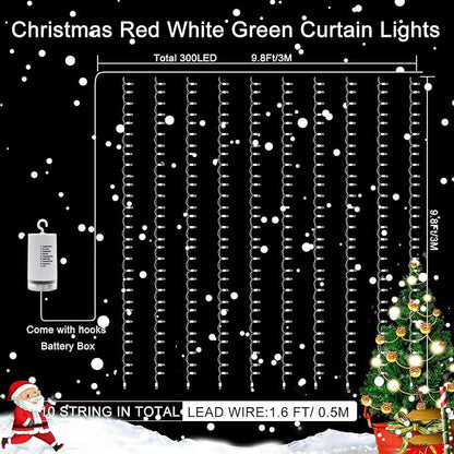 echosari Red White and Green Christmas Curtain Lights Battery Operated | 300 LED Curtain Lights 9.8Ft x 9.8Ft Hanging Lights with Remote Timer for Party Holiday Garden Yard Decor