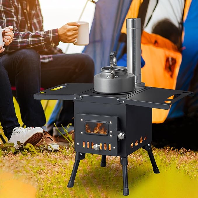Wood Burning Camping Stove, Portable Cast Iron BBQ Grill Outdoor Cooking with Chimney Pipe, Black Wood Stove for Outdoor Cooking, Camping, Heating, Bonfire & Picnic