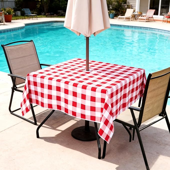 Poise3EHome Square Outdoor Tablecloth with Umbrella Hole and Zipper,Red and White Gingham 60x60 Inch,SpillProof Washable Table Cloth for Spring Summer Patio Garden Poolside Picnic Camping BBQS