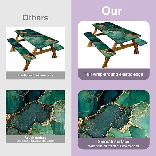 Marble Picnic Table Cover with Table Cover, Elastic Tablecloth for Outdoor Picnic Tables, Jade Green and Gold Texture Design, Tablecloth for Camping, Barbecue and Terrace Dining