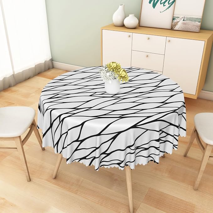 Black and White Geometric Waterproof Round Tablecloth 60x60 Inch Abstract Irregular Stripes Circle Tablecloths Dining Table Cloth Buffet Parties Patio Camping Chic Decoration for Home Kitchen