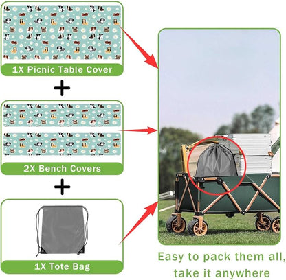 Cute Dog Picnic Table Cover with Bench Covers Camping Essentials Waterproof Windproof Funny Animal Daisy Flower Table Cover Fitted Tablecloth Cover with Elastic Edge for Outdoor 3 PCS 30x60 Inch