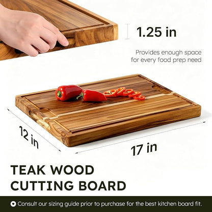17 x 12 in Teak Cutting Board, Butcher Block with Juice Groove | 1.25” Thick Cutting Board for Meat and Brisket, End Grain Cutting Board for Party, Wood Cutting Board for Carving