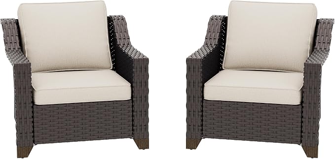 2 Piece Patio Furniture Set, Wicker Outdoor Conversation Set | Patio Chair Set with Olefin Removable Cushion, All-Weather Armchairs with Deep Seat for Porch, Deck and Backyard, Beige
