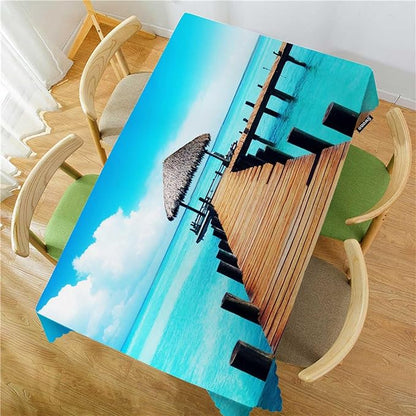Swono Wooden Dock Rectangular Tablecloth Ocean Beach Tropical Island Seashore Washable Table Cloth Kitchen Dining Room Table Cover for Party Dinner 50x72 Inch Tablecloths