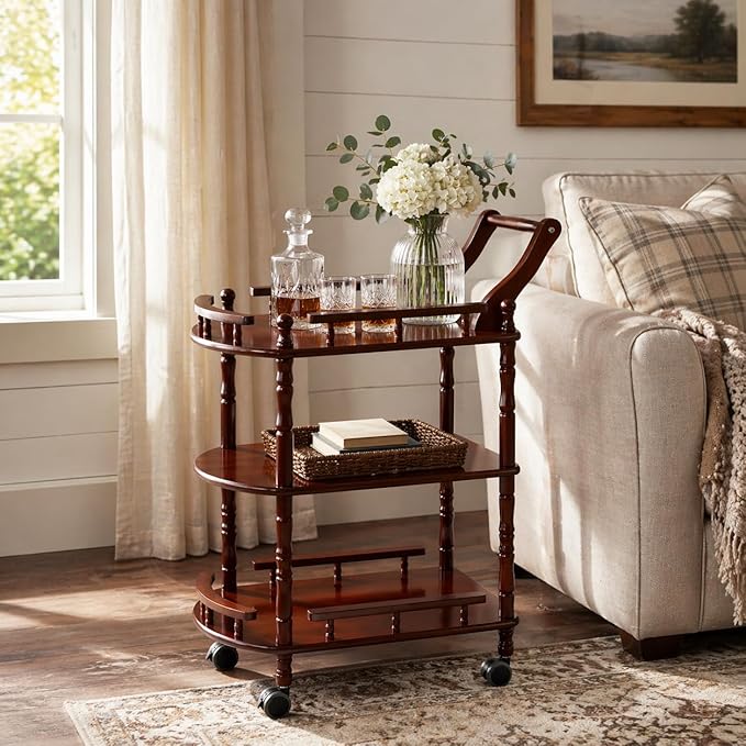 Entertainment Kitchen Cart, Midcentury Modern Imported rubberwood Brown Finished Wood 3-Tier Mobile Bar Cart Serving Cart