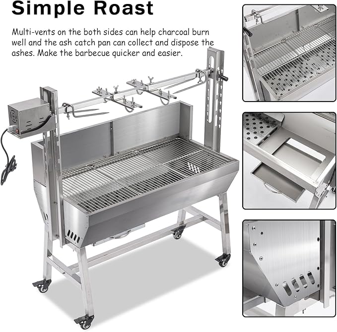 25W Stainless steel pig roaster rotisserie grill, 34.6-inch rated 132-pound barbecue grill suitable for outdoor camping kitchens