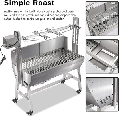 25W Stainless steel pig roaster rotisserie grill, 34.6-inch rated 132-pound barbecue grill suitable for outdoor camping kitchens