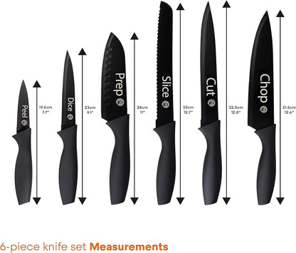 MasterChef Kitchen Knife Set with Covers, 6 Professional Chef Knives for Home Kitchens, Extra Sharp Cutting Stainless Steel Blades & Protective Sheaths, Soft-Touch Easy-Grip Handles, Essential Black