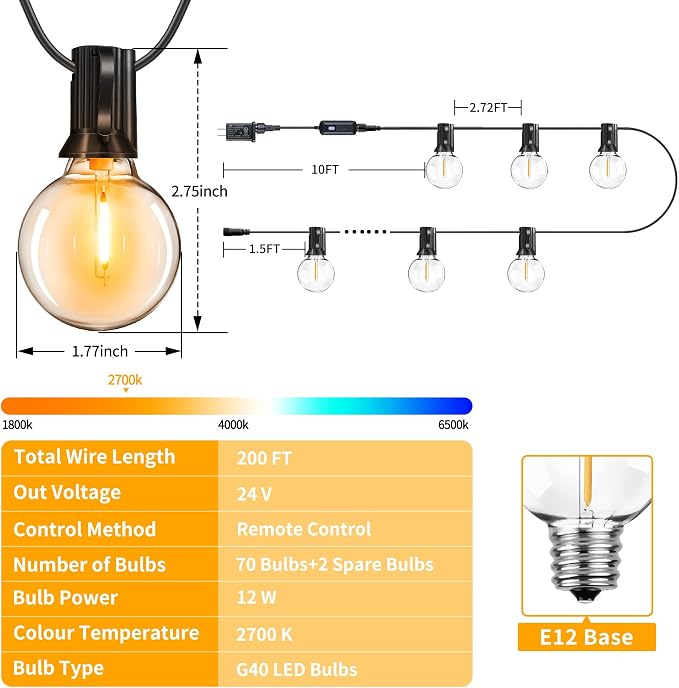 Ollny Outdoor String Lights with Remote, 200FT Plug in Patio Lights with Timer & 72 Shatterproof G40 Edison Bulbs, Waterproof Dimmable Outdoor Hanging Light for Porch, Backyard, Garden, 24V 2700K