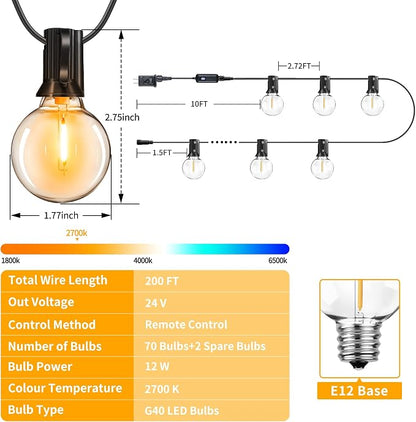 Ollny Outdoor String Lights with Remote, 200FT Plug in Patio Lights with Timer & 72 Shatterproof G40 Edison Bulbs, Waterproof Dimmable Outdoor Hanging Light for Porch, Backyard, Garden, 24V 2700K