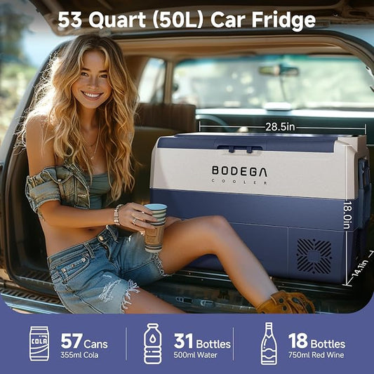 BODEGACOOLER 12 Volt Car Refrigerator,53 Quart Portable Fridge Freezer,Dual Zone Car Cooler WIFI APP Control,-4℉-68℉ （50L）Electric Compressor Cooler 12/24V DC and 100-240V AC for Camping,Travel,RV