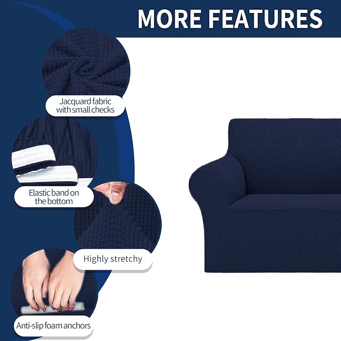 Cupuamon 2026 New Stretch Loveseat Sofa Slipcovers Couch Cover for 2 Cushion Furniture Protector Sofa Covers with Elastic Bottom Jacquard Fabric Small Checks for Pets, Kids - Navy
