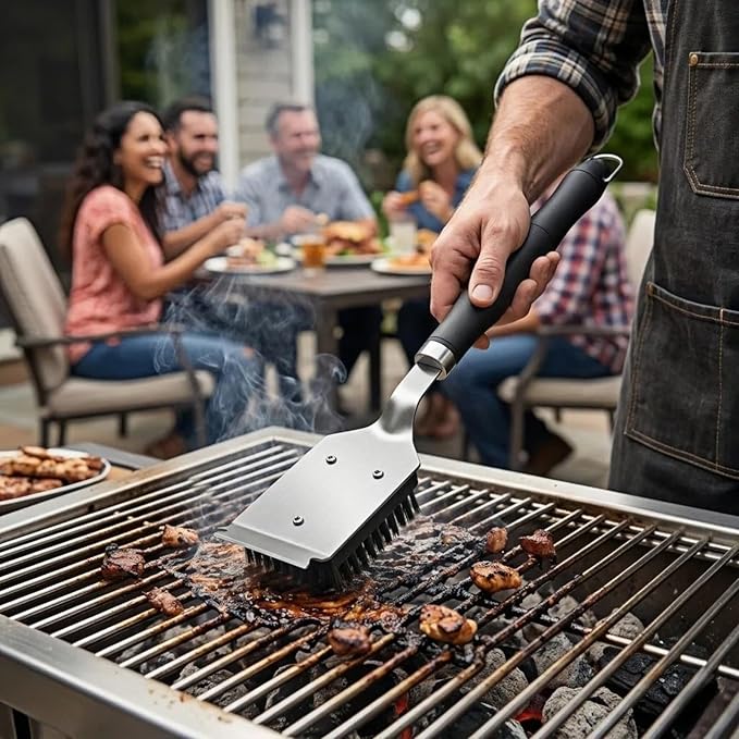 Grill Brush with Scraper& Extra Long Handle -Heat Insulated & Detachable for Gas, Charcoal, Electric Grills | Stainless Steel Wire Grill Brush BBQ Cleaning Tool for Outdoor Grill | Gift for Men
