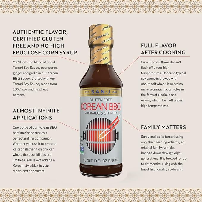 San-J - Gluten Free Korean BBQ Sauce - Bold and Savory Sauce for Cooking - Non-GMO - 10 oz. Bottle