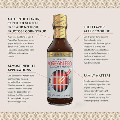 San-J - Gluten Free Korean BBQ Sauce - Bold and Savory Sauce for Cooking - Non-GMO - 10 oz. Bottle
