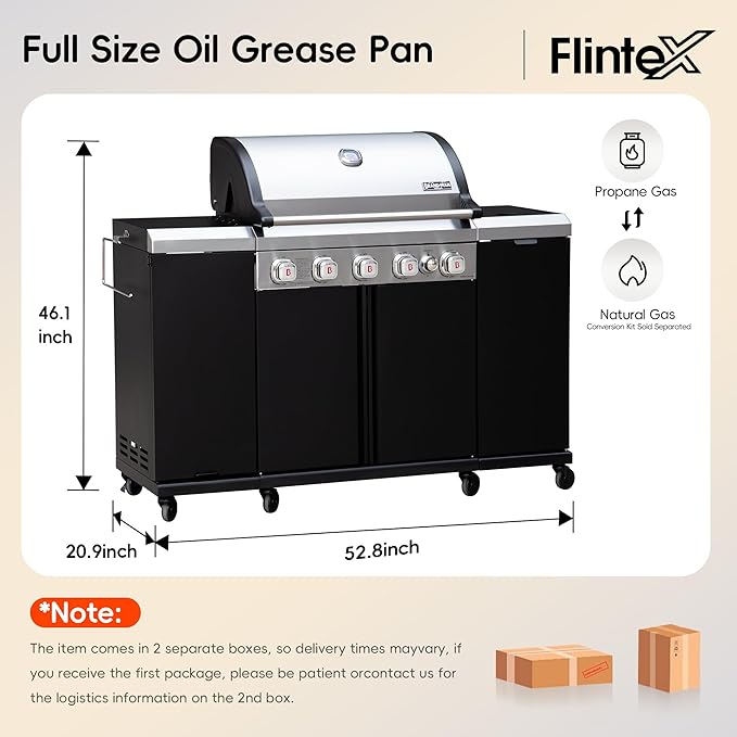 Flintex 5-Burner Propane Gas Kitchen Grill Island with Side Burner,52,000 BTU Stainless Steel BBQ Outdoor Griddle Grill Combo with LPG/NG Convertible and Storage Cabinets & Fold-out Table, Black