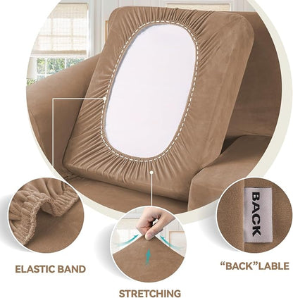 WEERRW Velvet Stretch 2 Pieces Chair Sofa Slipcovers Washable, Light Brown | Armchair Slipcovers Luxury Soft Velvet Plush Furniture Protector Couch Cover with Elastic Bottom for Kids Pets, Small