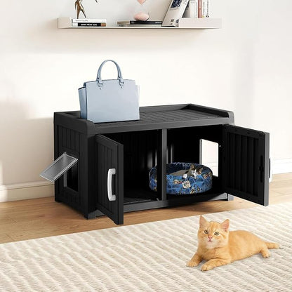2 Doors Shoe Storage Bench with Cat Cabinet for Entryway, Hallway, Black | 2 Hidden Side Doors Entryway Bench with Seat, Waterproof Resin Shoe Rack for Entryway, Bedroom, Living Room, Indoor/Outdoor