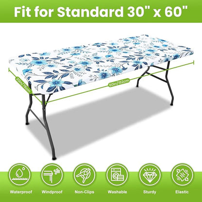 Smiry Spandex Fitted Tablecloth for 5 Foot Rectangle Tables, Washable Picnic Table Cover with Elastic, Stretch Reusable Table Cloth for Outdoor, Camping, Dining & Kitchen (Blue Flower, 30"x60")