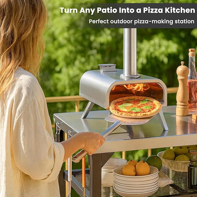 Hisencn Pizza Oven Table Cart for Ninja Woodfire, Blackstone, Cuisinart Pizza Oven, Outdoor Grill Cart, Stainless Steel Portable Grill Tables Grill Stand, Modular Table, Food Prep Carts with Hooks