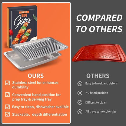 Grilling Prep and Serve Trays, Set of 2 Stackable Stainless Steel BBQ Trays, Deep Marinating Container, Serving Platter for Plating Food, BBQ Prep Tub for Marinating Meats, Grill Accessories