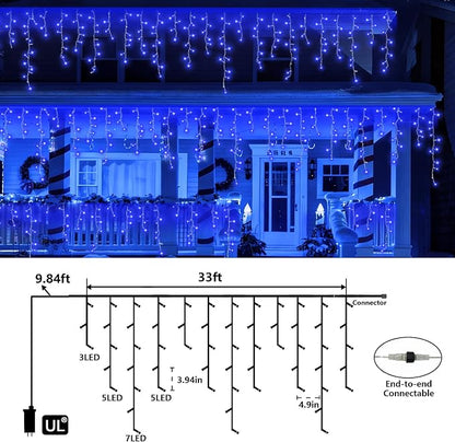 QITONG Blue Icicle Lights for Outside, 33ft 400 LED String Lights Plug in with 8 Modes, Clear Wire Connectable Icicle Christmas Light Indoor