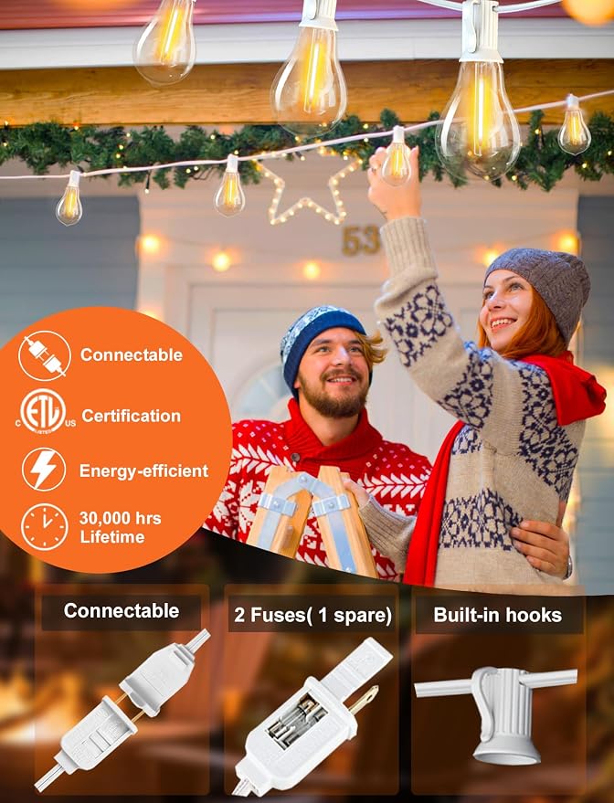 Outdoor String Patio Lights White 200FT Waterproof Lights for Wedding Party | 2FT Bulbs Spacing, 2x100FT Connectable White Outdoor Lighting with 105 Plastic Dimmable LED Bulbs for Backyard Bistro Balcony